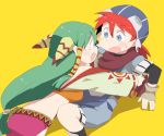  1boy 1girl blue_eyes blush dokan_(dkn) feena_(grandia) fingerless_gloves gloves goggles goggles_on_headwear grandia grandia_i green_hair hair_ornament hair_tubes happy hat hug justin_(grandia) long_hair looking_at_another miniskirt open_mouth pink_skirt red_hair simple_background sitting skirt surprised tears wide_sleeves yellow_background 