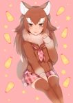  1girl :p ancolatte_(onikuanco) animal_ears between_legs blush brown_eyes brown_hair brown_legwear commentary_request fang fur_collar hand_between_legs highres japanese_wolf_(kemono_friends) kemono_friends long_hair long_sleeves multicolored_hair neckerchief plaid plaid_neckwear plaid_skirt pleated_skirt sailor_collar sitting skirt solo sweater tail thighhighs tongue tongue_out white_hair wolf_ears wolf_tail zettai_ryouiki 