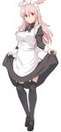  1girl alternate_costume apron black_dress black_footwear black_legwear dress dress_lift enmaided fate/grand_order fate_(series) frilled_apron frills garter_straps hair_between_eyes head_wings hildr_(fate/grand_order) lifted_by_self loafers long_hair long_sleeves maid maid_apron maid_headdress pink_hair puffy_long_sleeves puffy_sleeves red_eyes shiseki_hirame shoes simple_background solo standing thighhighs valkyrie_(fate/grand_order) white_apron white_background 
