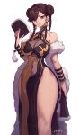  1girl alternate_costume artist_name braid breasts brown_eyes brown_hair capcom china_dress chinese_clothes chun-li cleavage collarbone covered_navel double_bun dress earrings erect_nipples eyeshadow fan fur_scarf hair_bun highres jewelry large_breasts liyart looking_at_viewer makeup shawl simple_background sleeveless sleeveless_dress slender_waist smile solo standing street_fighter street_fighter_v thick_thighs thighs twin_braids 