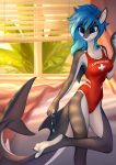  2019 4_toes 5_fingers absurd_res anthro areola bedroom blue_eyes blue_hair breasts claws clothing detailed_background digital_media_(artwork) ear_piercing erika_(ambris) fangs female fish furgonomics furry-specific_piercing hair hi_res jewelry lifeguard marine navel necklace non-mammal one-piece_swimsuit piercing shark short_hair solo standing swimsuit tail_piercing toe_claws toe_curl toes tomatocoup 
