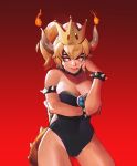  1girl absurdres bangs bare_legs bare_shoulders black_collar black_leotard blonde_hair blue_earrings blue_eyes bowsette bracelet breasts cleavage collar commentary cowboy_shot english_commentary eyeliner fang fingernails fire gem highres horns jewelry large_breasts leotard lips makeup mario_(series) medium_hair new_super_mario_bros._u_deluxe nintendo pointy_ears ponytail red_background sanefox sharp_fingernails solo spiked_armlet spiked_bracelet spiked_shell spiked_tail spikes strapless strapless_leotard studded_collar super_crown tail thighs turtle_shell 
