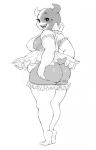  &lt;3 armwear belly big_breasts blush breasts butt butt_grab clothed clothing crookedtrees demon elbow_gloves fangs female full_body gloves hand_on_butt hi_res horn humanoid legwear looking_at_viewer looking_back monochrome open_mouth overweight overweight_female seductive solo thick_thighs thigh_highs underwear wide_hips 