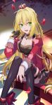  1girl :d ahoge black_legwear black_skirt blonde_hair braid breasts choker cleavage collarbone crown eyebrows_visible_through_hair fate/extra fate_(series) gina_61324 green_eyes hair_between_eyes hair_intakes highres jacket long_hair looking_at_viewer medium_breasts microphone mini_crown miniskirt nero_claudius_(fate)_(all) open_clothes open_jacket open_mouth petals pleated_skirt red_jacket shiny shiny_hair single_braid sitting skirt smile solo thigh_strap thighhighs very_long_hair 
