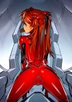  1girl all_fours ass blue_eyes bodysuit cockpit from_behind long_hair looking_at_viewer looking_back mouth_hold neon neon_genesis_evangelion orange_hair pilot_suit plugsuit red_bodysuit shiny shiny_clothes shiny_hair shiny_skin skin_tight solo soryu_asuka_langley typo_(requiemdusk) 