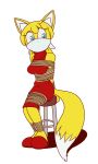  bdsm bondage bound canid canine clothed clothing female fox fully_clothed fur gag hi_res mammal multicolored_fur rope rope_bondage simple_background solo sonic_(series) sonic_boom stool whistleristler yellow_fur zooey_the_fox 
