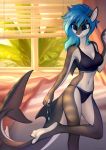  2019 4_toes 5_fingers absurd_res anthro bedroom blue_eyes blue_hair bra breasts claws clothing curl detailed_background digital_media_(artwork) erika_(ambris) fangs female fish furgonomics furry-specific hair hi_res jewelry marine navel necklace non-mammal panties piercing shark short solo standing toes tomatocoup underwear 