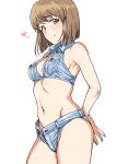  1girl arms_behind_back bikini blue_bikini bob_cut breast_pocket brown_eyes brown_hair collarbone cowboy_shot denim_bikini disconnected_mouth hagiwara_yukiho highres idolmaster idolmaster_(classic) light_smile looking_at_viewer navel open_fly pocket short_hair simple_background solo swimsuit tsurui white_background 