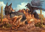  22mg avian beak bird cactus canid canine canis claws collaboration corvid coyote desert detailed_background duo eye_contact feathers flying fur kenket looking_at_another looking_back mammal open_mouth paws raven saguaro sky smile talons teeth tongue whiskers wings yellow_sclera 