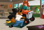  3_toes anthro box canid canine clothed clothing detailed_background dipstick_tail enwood_the_fox female fox garage garden germaine_(vixen) germainethevixen green_eyes hair husband inside jeans lawnmower lemonade male male/female mammal markings multicolored_tail pants radio saw shirt socks_(marking) t-shirt toes tools tree vehicle wife 