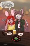  2019 absurd_res alcohol beer beverage carol_(stareostar) clothed clothing dialogue domestic_cat drunk_bubbles duo english_text fangs felid feline felis female hair hi_res jacket lagomorph liam_(stareostar) male male/female mammal open_mouth plate rabbit red_eyes red_hair shirt short_hair signature simple_background speech_bubble stareostar text 