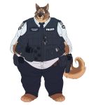  alpha_channel anthro australian_shepherd barefoot belly belly_overhang big_belly canid canine canis clothed clothing domestic_dog flashlight fur german_shepherd gun hand_on_stomach heterochromia hi_res holster key kuya male mammal necktie obese obese_male overweight overweight_male police police_officer police_uniform radio ranged_weapon simple_background solo standing tan_fur torin_sigwald transparent_background uniform weapon wide_hips 