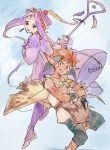  1boy 1girl animal_ears blue_eyes brown_hair commentary_request dress earrings grandia grandia_i hamagurihime hat jewelry knife liete_(grandia) long_hair looking_at_viewer pointy_ears purple_hair rapp_(grandia) simple_background staff 