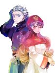  1boy 1girl blue_eyes blush breasts closed_mouth commentary_request dragon_quest dragon_quest_ii dress gloves hood k_kymz long_hair prince_of_lorasia princess princess_of_moonbrook purple_hair red_eyes simple_background white_background 