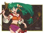  1girl anime_coloring bare_shoulders belt cowboy_shot cross-laced_clothes feena_(grandia) floating_hair frame grandia grandia_i green_eyes green_hair hair_ornament hair_tubes holding_whip jewelry long_hair long_sleeves looking_at_viewer low-tied_long_hair midriff miniskirt navel official_style open_mouth out_of_frame pendant pink_skirt red_legwear skirt smile solo teeth thighhighs torn_clothes torn_legwear tsuna_e twitter_username weapon whip wide_sleeves zettai_ryouiki 