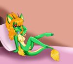  2019 anthro bed bedroom blonde_hair breasts condom condom_in_mouth digital_media_(artwork) dragon eastern_dragon fan_character female green_eyes green_scales hair half-closed_eyes horn kaida_ryuko kendratheshinyeevee looking_at_viewer lying nipples nude on_bed ponytail pussy reptile scales scalie seductive simple_background smile solo teeth whiskers yellow_sclera 