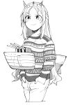  1girl alternate_costume cannon commentary_request cowboy_shot greyscale hairband hands_in_pockets headgear highres kantai_collection long_hair long_sleeves machinery maku-raku monochrome nelson_(kantai_collection) no_nose pants print_sweater smile solo sweater turret 