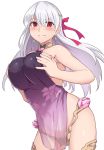  1girl bangs bare_shoulders blush breasts dress earrings fate/grand_order fate_(series) hair_between_eyes hair_ribbon hip_focus jewelry kama_(fate/grand_order) large_breasts long_hair looking_at_viewer purple_dress red_eyes ribbon shiseki_hirame silver_hair smile solo thighs 