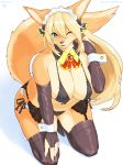  armwear belly big_breasts blush breasts canid canine clothed clothing costume faeki_(character) female fluffy fox hi_res kame_3 kemono kneeing legwear looking_at_viewer mammal one_eye_closed skimpy slightly_chubby smile solo thick_thighs wink 