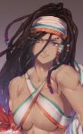  1girl black_hair blue_eyes breasts cleavage dark_skin darli_dagger hairlocs headband highres large_breasts long_hair samurai_spirits sideboob snk solo upper_body 