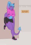  2019 anthro big_butt butt clothed clothing crossdressing demino_(deminothedragon) digital_media_(artwork) dragon ear_piercing ear_ring english_text eyelashes eyeshadow fitness footwear girly gym hair hi_res hoodie horn legwear lipstick long_hair looking_at_viewer makeup male navel piercing ponytail reishuseyu scalie shoes sign simple_background smile solo text thick_thighs 