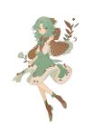  1girl alternate_costume bishoujo_senshi_sailor_moon bow brown_bow brown_footwear dress flower frilled_bow frilled_sleeves frills full_body green_bow green_dress green_eyes green_flower green_hair green_rose hair_bow highres holding holding_flower hood hood_down kaiou_michiru leaf lolita_fashion long_sleeves no_nose rose simple_background smile solo standing white_background zero_(jckz2334) 