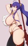 1girl ahoge blazblue breasts curvy erect_nipples huge_breasts kunaboto long_hair looking_at_viewer mai_natsume pink_eyes ponytail pubic_hair purple_hair sideboob smile solo thick_thighs thighs 