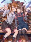  2girls absurdres artist_request bench boots bow bowtie brown_hair disneyland eyes_closed girls_frontline highres mickey_mouse_ears multiple_girls red_hair scar scar_across_eye shoes siblings side_ponytail sisters skirt sneakers socks suspenders thighhighs twins twintails ump45_(girls_frontline) ump9_(girls_frontline) v 
