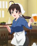  1girl :d ahoge alcohol apron beer beer_mug blurry blurry_background brown_eyes brown_hair chair commentary cup edamame_(food) holding holding_cup holding_tray indoors isekai_izakaya_&quot;nobu&quot; japanese_clothes long_hair looking_at_viewer mizinkoex open_mouth ponytail samue senke_shinobu smile solo standing standing_on_one_leg tray waist_apron waitress 