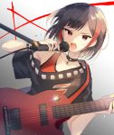  1girl bang_dream! bangs bare_shoulders black_hair black_jacket bob_cut collar collarbone commentary_request electric_guitar guitar holding holding_microphone instrument jacket lock looking_at_viewer microphone mitake_ran multicolored_hair off_shoulder open_mouth pink_eyes red_hair short_hair short_sleeves solo streaked_hair v-shaped_eyebrows wristband yuhi_(hssh_6) 