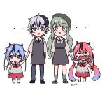  &gt;_&lt; 4girls androgynous beret blush_stickers child cillia crying dress flower_(vocaloid) full_body gradient_hair green_hair hand_holding hat meika_hime meika_mikoto multicolored_hair multiple_girls pink_eyes pink_hair purple_eyes purple_hair short_hair shorts skirt smile streaked_hair sweatdrop twintails twitter_username v_flower_(vocaloid4) vocaloid xin_hua younger 