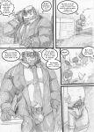  2017 anthro beard belly brutus_(markwulfgar) bubba_(markwulfgar) bulge cellphone clothed clothing comic dialogue duo ear_piercing english_text eye_scar facial_hair facial_piercing fully_clothed giant_panda greyscale hi_res male mammal markwulfgar monochrome muscular muscular_male navel necktie nose_piercing nose_ring overweight overweight_male pants pen phone piercing scar smartphone speech_bubble suit text thought_bubble tusks ursid 