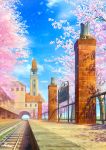  animal arch bell bench blue_sky building cat cherry_blossoms cloud commentary_request day kaitan no_humans original outdoors petals railing railroad_tracks scenery sign signature sky tower tree 