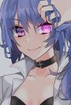  1girl aogisa bangs bikini black_bikini black_bikini_top blue_hair breasts collarbone commentary_request eyebrows_visible_through_hair eyes_visible_through_hair girls_frontline glowing glowing_eye grey_background hair_between_eyes hand_in_hair highres k11_(girls_frontline) leather_choker long_hair looking_at_viewer messy_hair open_clothes portrait purple_eyes shirt side_ponytail simple_background smile solo swimsuit white_shirt 
