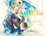  1girl 2017 anniversary black_legwear black_skirt blue_eyes blue_hair blue_nails blue_sky character_name cloud cloudy_sky colorful dappled_sunlight dated day detached_sleeves edward-el eyebrows_visible_through_hair fingernails grey_shirt happy hatsune_miku head_tilt headphones hexagon highres kneeling long_hair looking_at_viewer nail_polish number_tattoo rainbow see-through shirt shoulder_tattoo signature simple_background skirt sky sleeveless sleeveless_shirt smile solo standing standing_on_liquid sunlight tattoo thighhighs thighs twintails umbrella very_long_hair vocaloid water water_drop white_background 