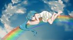  1girl bare_arms bare_legs bare_shoulders barefoot blue_eyes blue_hair blue_sky cloud cloudy_sky day dress expressionless eyebrows_visible_through_hair flower hatsune_miku head_wreath highres leaf long_hair looking_at_viewer lying orange_ribbon parted_lips rainbow red_flower ribbon run_(sweettimehappy) short_dress sky sleeveless sleeveless_dress solo twintails very_long_hair vocaloid white_dress 