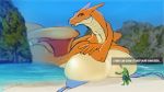  4k anthro beach big_breasts bikini bottomless breasts charizard clothed clothing dialogue dragon duo english_text female grovyle hi_res huge_breasts macro male nintendo outside pok&eacute;mon pok&eacute;mon_(species) sajik seaside swimsuit text video_games 