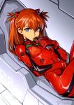  1girl blue_eyes bodysuit breasts candy_bar cockpit commentary eating english_commentary hair_between_eyes looking_at_viewer multicolored multicolored_bodysuit multicolored_clothes neon_genesis_evangelion orange_hair pilot_suit plugsuit red_bodysuit shiny shiny_clothes small_breasts soryu_asuka_langley typo_(requiemdusk) 
