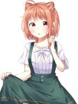  1girl :o ahoge alternate_hairstyle bangs blush commentary_request green_skirt hair_ears highres looking_at_viewer love_live! love_live!_sunshine!! makura_(makura0128) neck_ribbon orange_hair playing_with_own_hair red_eyes ribbon shirt short_hair short_sleeves simple_background skirt skirt_hold solo suspender_skirt suspenders takami_chika white_background white_neckwear white_shirt 