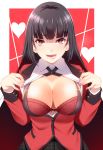  1girl bangs black_hair bra breasts cleavage commentary_request eyebrows_visible_through_hair heart highres hime_cut jabami_yumeko jacket kakegurui kippuru large_breasts long_hair looking_at_viewer nail_polish open_clothes open_jacket open_mouth open_shirt pink_nails red_bra red_eyes red_jacket school_uniform shirt simple_background solo teeth underwear upper_body white_shirt 