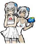  2girls bike_shorts dark_skin dual_persona glasses google+ heterochromia lowres multiple_girls personification short_hair silver_hair simple_background skirt swimsuit valkorn white_background 