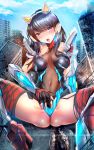  1girl black_hair blue_eyes blush boots breasts building city collarbone day denkou_choujin_gridman denkou_choujin_gridman:_boys_invent_great_hero destruction elbow_gloves eyebrows_visible_through_hair fingerless_gloves giantess gloves headgear high_heels highres long_hair looking_at_viewer mecha_musume medium_breasts midriff nose_blush open_mouth outdoors rubbing sidelocks silly_(marinkomoe) size_difference solo ssss.gridman suggestive_fluid takarada_rikka thigh_boots thighhighs thong 