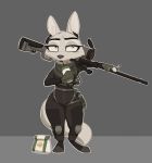  2019 anthro arctic_fox bag belt blue_eyes bulletproof_vest canid canine cheek_tuft clothed clothing disney disposable_cup drinking english_text fast_food female fox grey_background gun handgun hi_res holding_object holster knee_pads knife mammal match paper_bag ranged_weapon rifle scarf scope simple_background skye_(zootopia) sniper_rifle standing straps straw text tuft weapon yitexity zootopia 