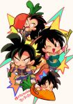  1girl 3boys ;d armor baby bardock beige_background black_eyes black_hair brothers burdock_root carrot carrying chibi d: diaper dragon_ball dragon_ball_super_broly eyes_closed family father_and_son food frown gine happy highres holding looking_at_viewer mother_and_son motunabe707070 multiple_boys nervous one_eye_closed open_mouth radish raditz scar serious siblings simple_background sleeping smile son_gokuu spiked_hair spring_onion star sweatdrop twitter_username vegetable wavy_mouth wristband 