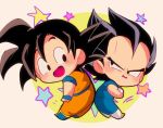  2boys :d annoyed back-to-back beige_background black_eyes black_hair blush boots chibi circle crossed_arms dougi dragon_ball dragonball_z frown happy looking_back male_focus motunabe707070 multiple_boys open_mouth simple_background smile son_gokuu spiked_hair star starry_background vegeta 
