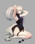  1girl armpits artist_name asymmetrical_bangs bangs bare_legs bare_shoulders barefoot blush breasts coat coat_removed cross girls_frontline glasses grey_background grey_hair hair_ornament hair_over_one_eye highleg highleg_leotard hk21_(girls_frontline) jewelry leotard long_hair looking_at_viewer medium_breasts olys purple_eyes round_eyewear sideboob sidelocks simple_background sitting solo thigh_strap twintails wariza 