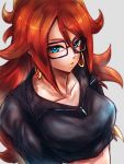  1girl android_21 black-framed_eyewear black_shirt blue_eyes breasts brown_hair closed_mouth collarbone commentary_request curly_hair dragon_ball dragon_ball_fighterz earrings expressionless glasses grey_background hoop_earrings jewelry long_hair medium_breasts shirt solo st62svnexilf2p9 very_long_hair 