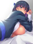  1girl absurdres bangs bed_sheet black_hair blue_eyes blue_nails blunt_bangs bow breasts breasts_outside commentary_request hair_bow highres large_breasts long_hair looking_at_viewer looking_back lying minakami_(flyingman555) multicolored_hair nail_polish nipples on_stomach panty_&amp;_stocking_with_garterbelt pink_hair simple_background solo stocking_(psg) two-tone_hair white_background 