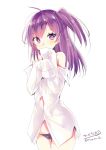  1girl blush breasts eyebrows_visible_through_hair hagikaze_(kantai_collection) hair_between_eyes hair_ornament highres hizaka kantai_collection long_hair long_sleeves messy_hair one_side_up panties purple_eyes purple_hair purple_panties shirt simple_background solo underwear white_background white_shirt 