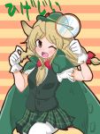  1girl ;d blonde_hair blush bow bowtie brown_eyes cape character_name darwin_ga_kita! eyebrows_visible_through_hair fake_facial_hair fake_mustache gloves green_cape green_headwear green_skirt hair_bow hat hige-jii_(darwin_ga_kita!) hige-jii_(darwin_ga_kita!)_(kemono_friends) highres holding_magnifying_glass kemono_friends long_hair looking_at_viewer magnifying_glass necktie ngetyan one_eye_closed open_mouth pantyhose pleated_skirt red_bow red_neckwear short_sleeves skirt smile solo striped striped_background white_gloves white_legwear 